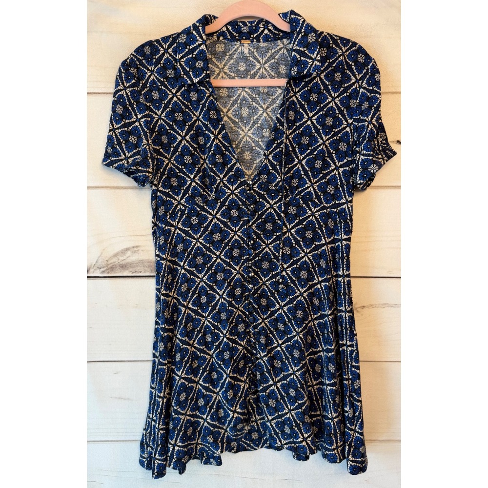 Free People Blue Geometric Tile Print Button Front Mini Dress Size 6
